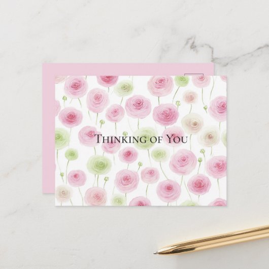 Roze Mint Bloemige Ranunculus   Briefkaart (Voorkant / Achterkant in situ)
