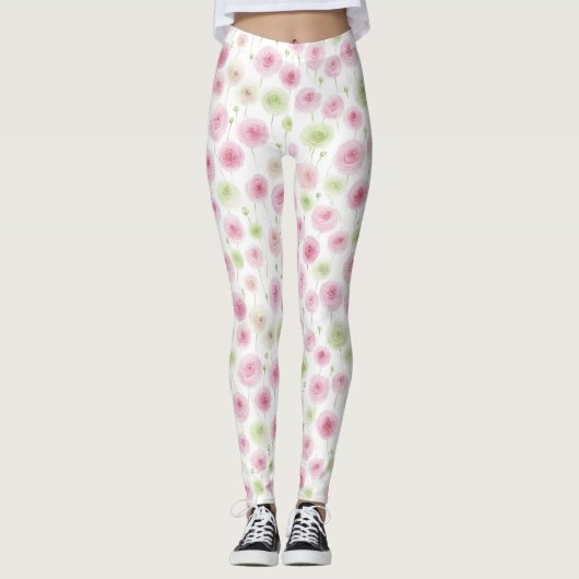 Roze Mint Bloemige Ranunculus   Leggings (Voorkant)