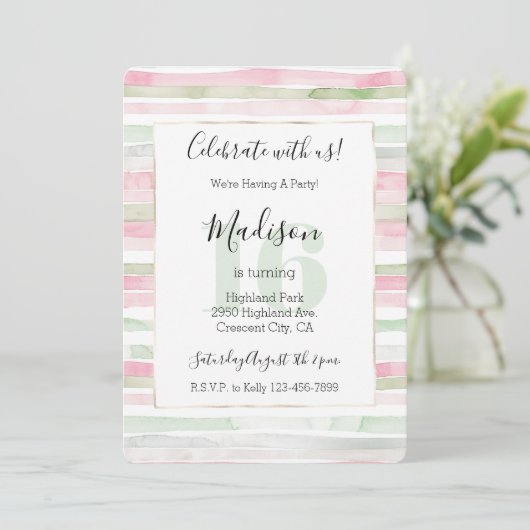 Roze Mint Blush Strepen 16e Verjaardag Kaart (Staand voorkant)