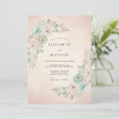 Roze Mint Botanische Romantische Bruiloft Kaart (Staand voorkant)