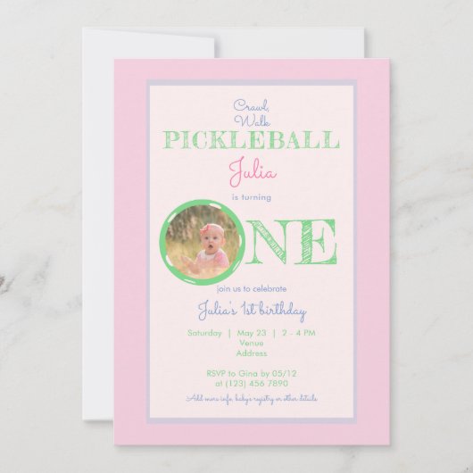 Roze Mint Crawl Walk Pickleball Thema 1e Verjaarda Kaart (Voorkant)