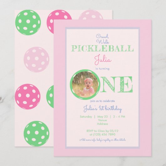 Roze Mint Crawl Walk Pickleball Thema 1e Verjaarda Kaart (Voorkant / Achterkant)