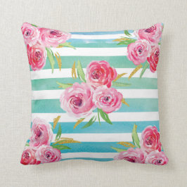 Roze, Mint en Gold floral Pillow. Kussen