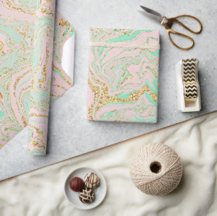 Roze Mint en Gold Marbling Cadeaupapier