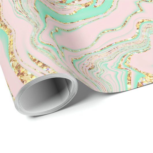 Roze Mint en Gold Marbling Cadeaupapier (Rol Hoek)