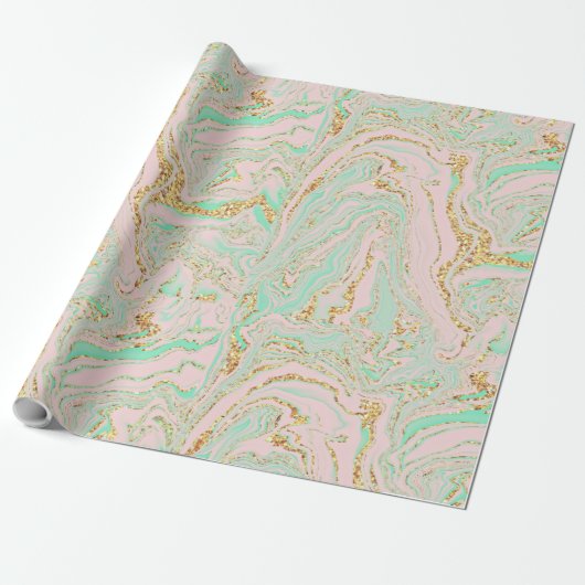 Roze Mint en Gold Marbling Cadeaupapier (Uitgerold)