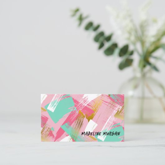 Roze Mint Faux Gold Brush Strokes Abstract Visitekaartje (Staand voorkant)