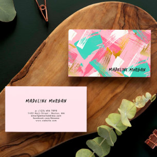 Roze Mint Faux Gold Brush Strokes Abstract Visitekaartje