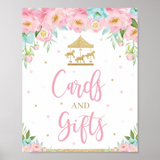 Roze Mint Floral Carousel Birthday Cards en Gifts Poster (Voorkant)