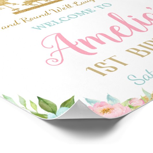 Roze Mint Floral Carrousel 1e verjaardag Poster (Hoek)