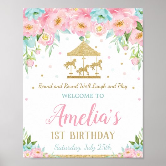 Roze Mint Floral Carrousel 1e verjaardag Poster (Voorkant)
