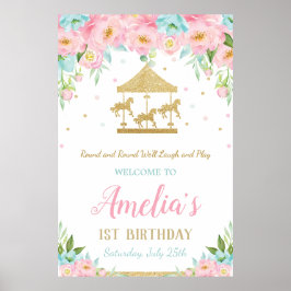 Roze Mint Floral Carrousel 1e verjaardag Poster