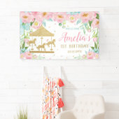 Roze Mint Floral Carrousel 1e verjaardag Spandoek (Insitu)
