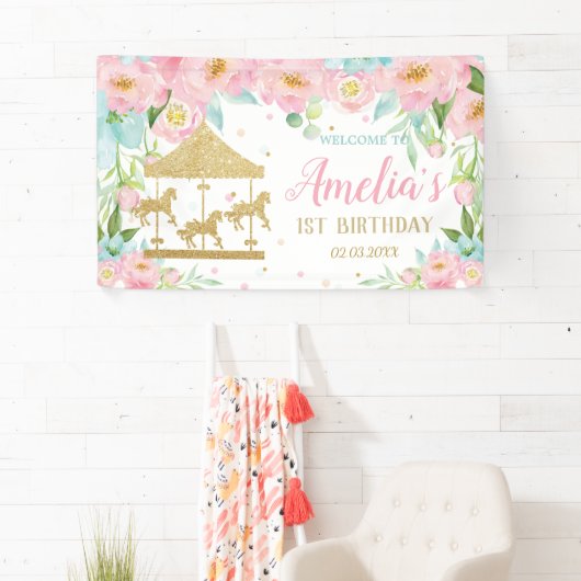 Roze Mint Floral Carrousel 1e verjaardag Spandoek (Insitu)