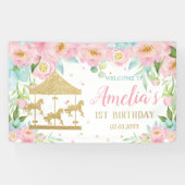 Roze Mint Floral Carrousel 1e verjaardag Spandoek (Horizontaal)