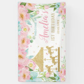 Roze Mint Floral Carrousel 1e verjaardag Spandoek (Verticaal)