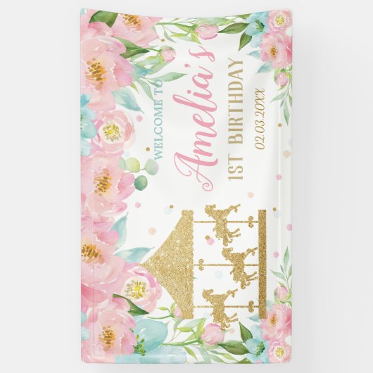 Roze Mint Floral Carrousel 1e verjaardag Spandoek (Verticaal)