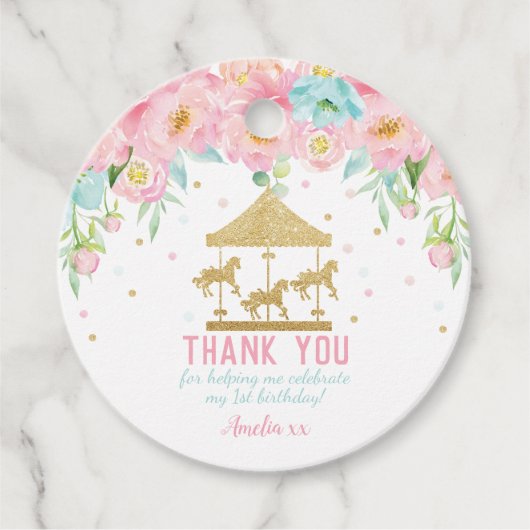 Roze Mint Floral Carrousel Birthday Hartelijk dank Bedankjes Labels (Voorkant)