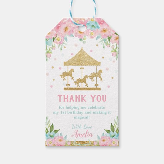 Roze Mint Floral Carrousel Birthday Hartelijk dank Cadeaulabel (Voorkant)