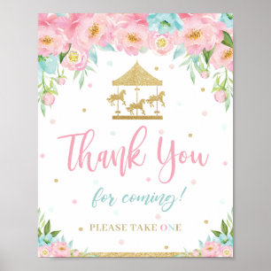 Roze Mint Floral Carrousel Birthday Hartelijk dank Poster