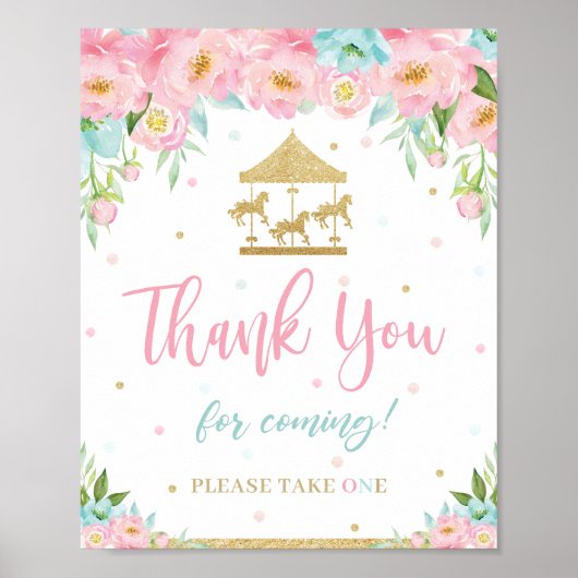 Roze Mint Floral Carrousel Birthday Hartelijk dank Poster (Voorkant)