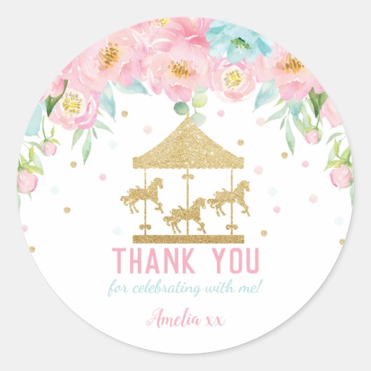 Roze Mint Floral Carrousel Birthday Hartelijk dank Ronde Sticker (Voorkant)