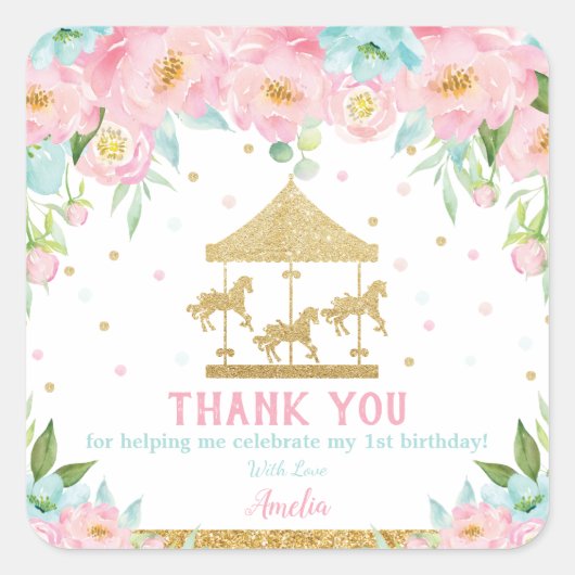 Roze Mint Floral Carrousel Birthday Hartelijk dank Vierkante Sticker (Voorkant)