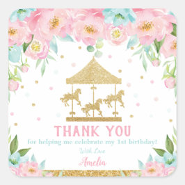 Roze Mint Floral Carrousel Birthday Hartelijk dank Vierkante Sticker