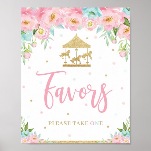 Roze Mint Floral Carrousel Birthday Shower Favors Poster (Voorkant)