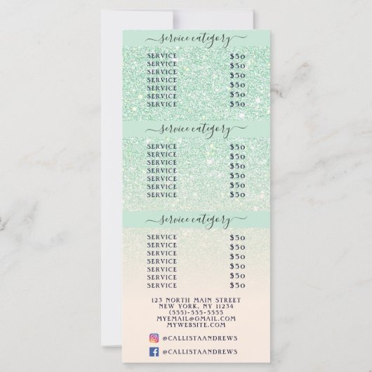 Roze Mint Glitter Ombre Logo Salon Prijslijst (Achterkant)