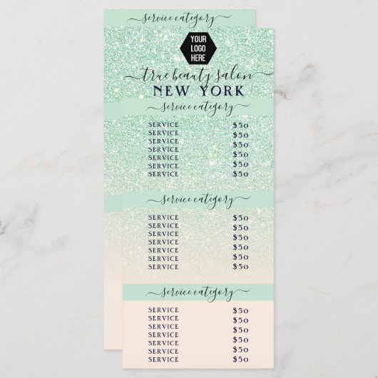 Roze Mint Glitter Ombre Logo Salon Prijslijst (Voorkant / Achterkant)