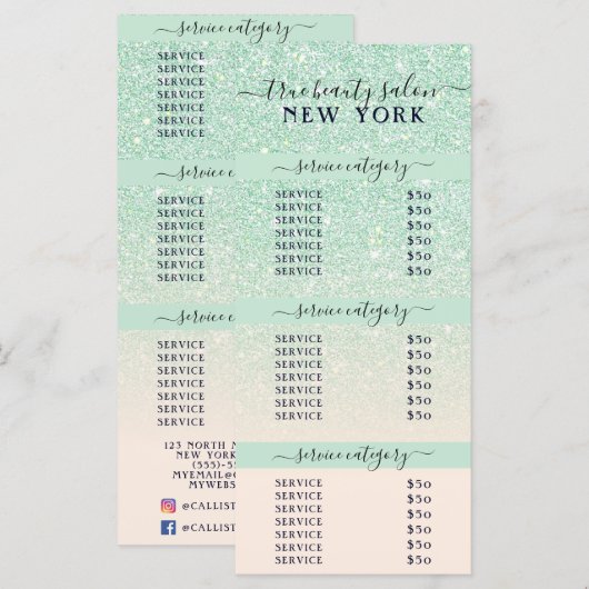 Roze Mint Glitter Ombre Salon Prijslijst (Voorkant / Achterkant)
