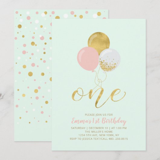 Roze, Mint & Gold Balloons 1e Girl Birthday Party Kaart (Voorkant / Achterkant)