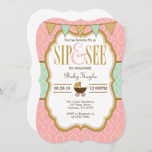 Roze Mint Goud Sip En Zie Uitnodiging (Voorkant / Achterkant)