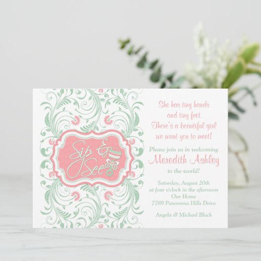 Roze Mint Green Floral Sip N Zie Baby shower Kaart (Staand voorkant)