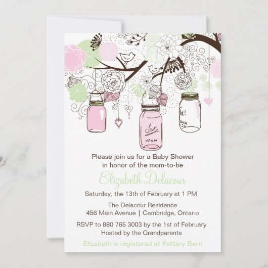 Roze Mint Green Mason Jars Baby shower Uitnodiging (Achterkant)