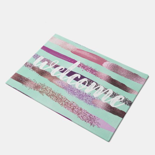 Roze Mint Green Nail Poolse glitterpenseelstreken Deurmat (Schuin)