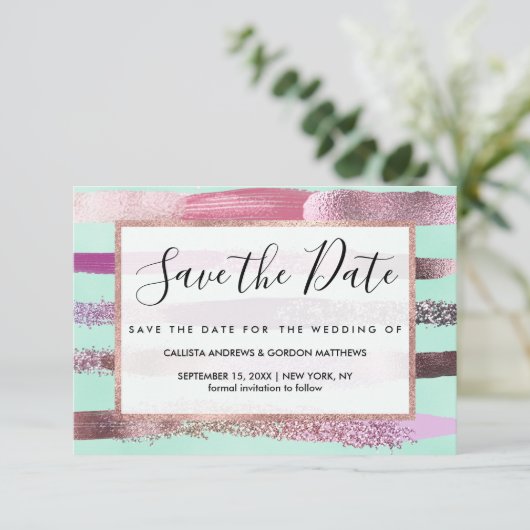 Roze Mint Green Nail Poolse glitterpenseelstreken Save The Date (Staand voorkant)