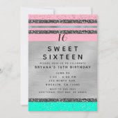 Roze Mint Green & Silver Glitter Sweet 16 Party Kaart (Voorkant)