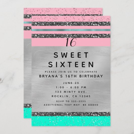 Roze Mint Green & Silver Glitter Sweet 16 Party Kaart (Voorkant / Achterkant)
