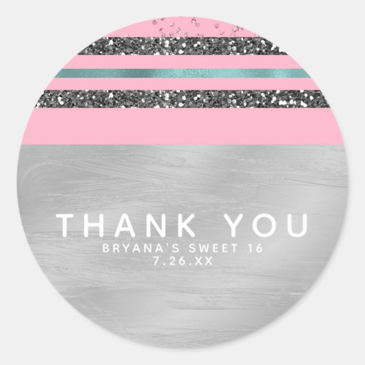 Roze Mint Green & Silver Glitter Sweet 16 Party Ronde Sticker (Voorkant)