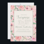 Roze Mint Green Waterverf Floral 90th Birthday<br><div class="desc">Verrassende aangepaste uitnodigingen voor 90e verjaardagsfeestjes zijn ontworpen met een schattige,  lichtroze waterverf florale en groenachtige groene tekst. De tekst is volledig klantgericht,  zodat ontwerp deze uitnodigingen voor iedereen van om het even welke leeftijd.</div>