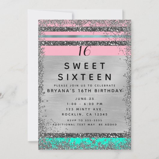 Roze Mint Groen Zilver Glitter Edge Sweet 16 Party Kaart (Voorkant)