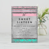 Roze Mint Groen Zilver Glitter Edge Sweet 16 Party Kaart (Staand voorkant)