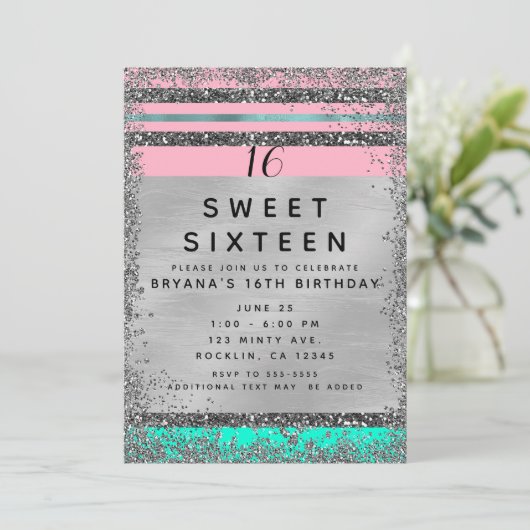 Roze Mint Groen Zilver Glitter Edge Sweet 16 Party Kaart (Staand voorkant)