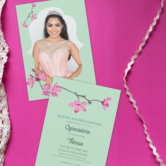Roze, Mint Groene Kersenbloesem Foto Quinceanera Kaart