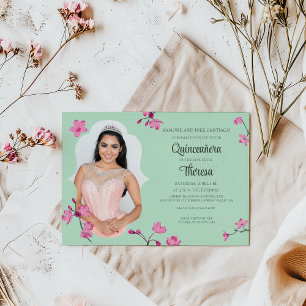Roze, Mint Groene Kersenbloesem Quinceanera Foto Kaart