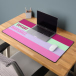 Roze Mint Groene Paarse Strepen Patroonnaam Bureaumat<br><div class="desc">Voeg een persoonlijk tintje toe aan uw werkruimte met de Pink, Mint Green en Paarse Stripes Pattern Name Desk Mat. Met een stijlvol gestreept ontwerp in levendige tinten, biedt deze mat een glad oppervlak voor uw toetsenbord en muis terwijl u uw bureau verbetert met een moderne look. Pas het aan...</div>