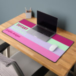 Roze Mint Groene Paarse Strepen Patroonnaam Bureaumat<br><div class="desc">Voeg een persoonlijk tintje toe aan uw werkruimte met de Pink, Mint Green en Paarse Stripes Pattern Name Desk Mat. Met een stijlvol gestreept ontwerp in levendige tinten, biedt deze mat een glad oppervlak voor uw toetsenbord en muis terwijl u uw bureau verbetert met een moderne look. Pas het aan...</div>