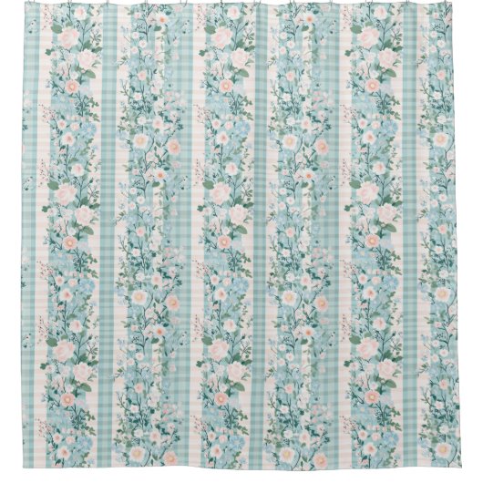 Roze Mint Groene Pastel Bloemen Gingham Stripes Douchegordijn (Voorkant)